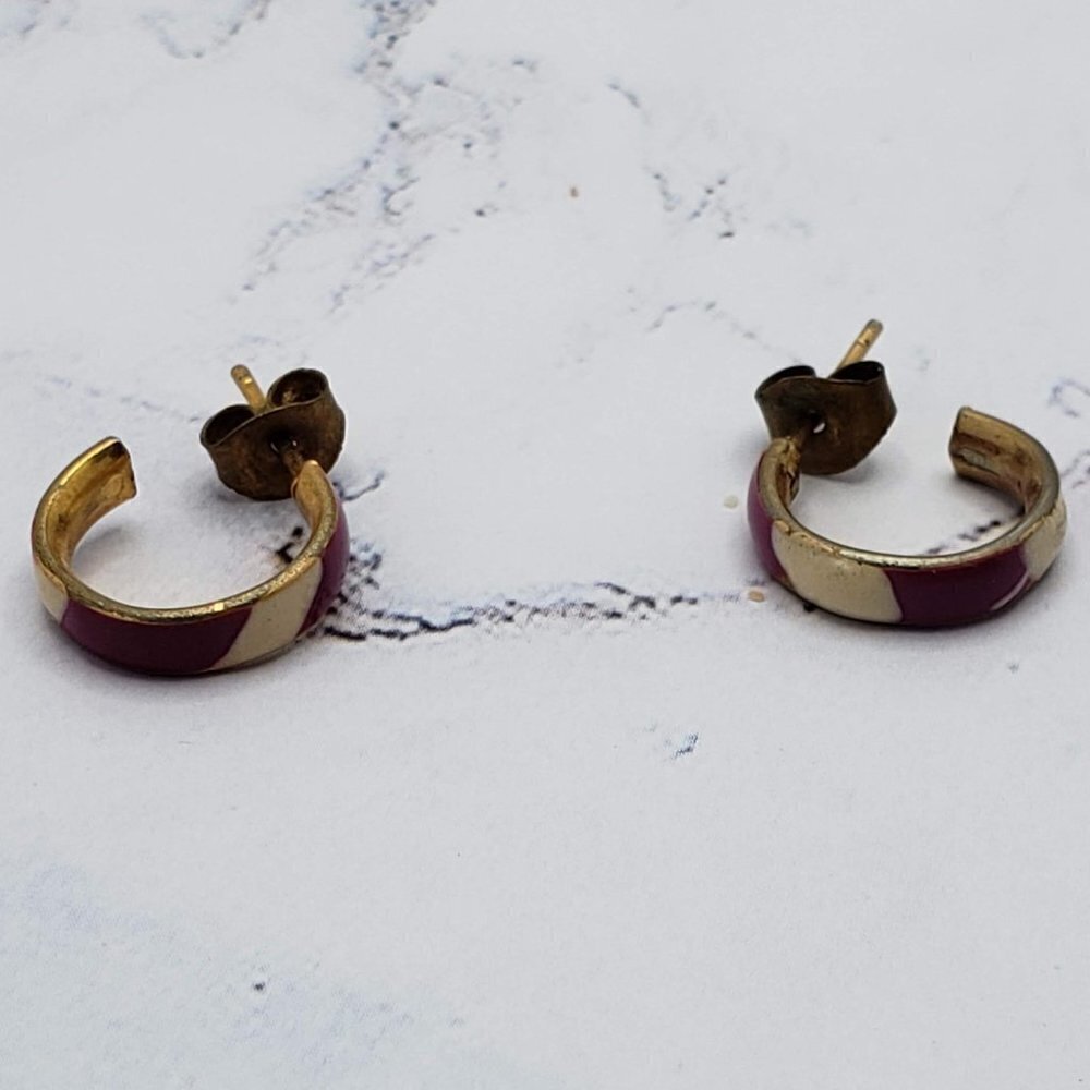 Purple & White Candy Striped Gold Hoop Earrings